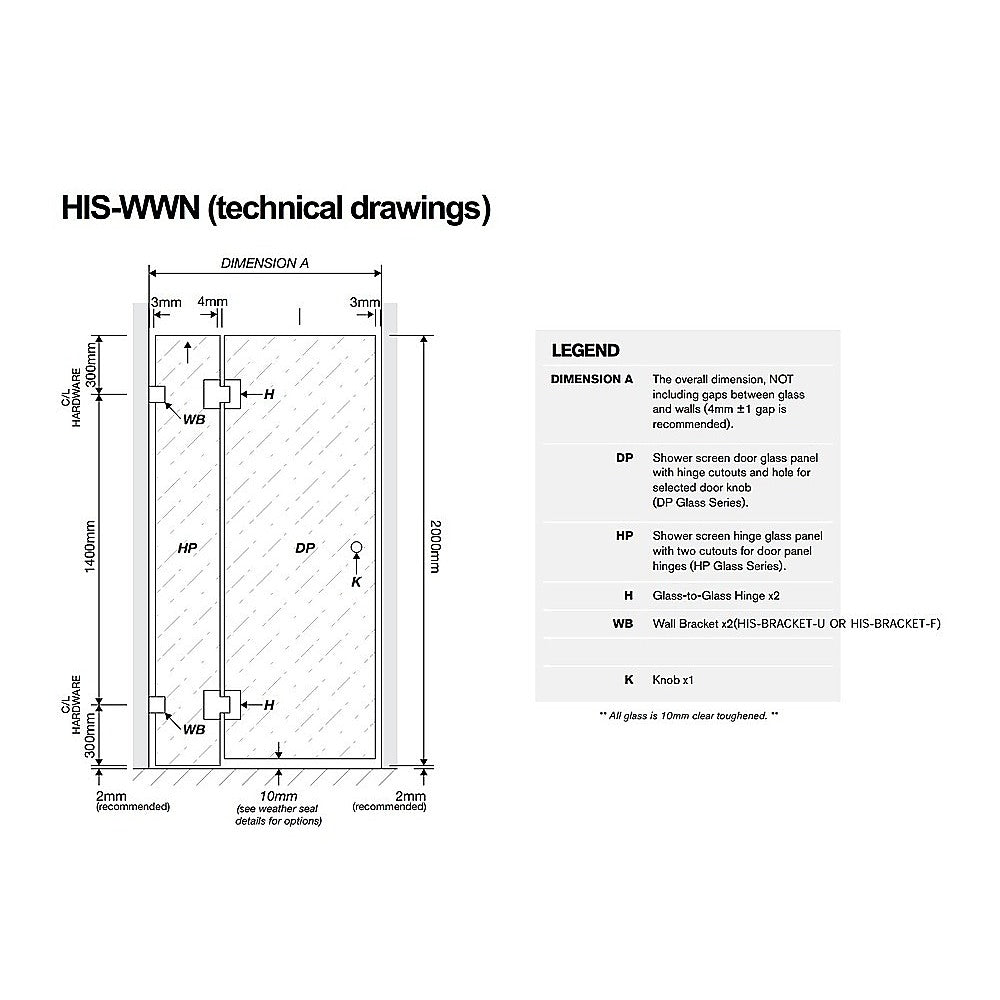 120x80cm Corner Frameless Shower Screen with Nickel Brackets and SS Hinges, Round Handle