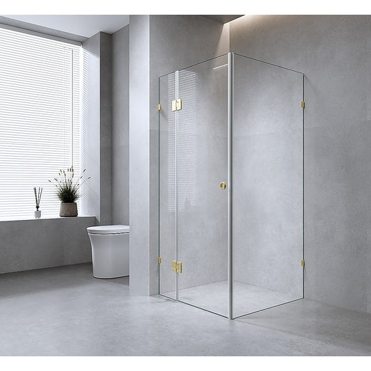 120x110cm Corner Frameless Shower Screen with Gold Brackets and SS Hinges, Round Handle