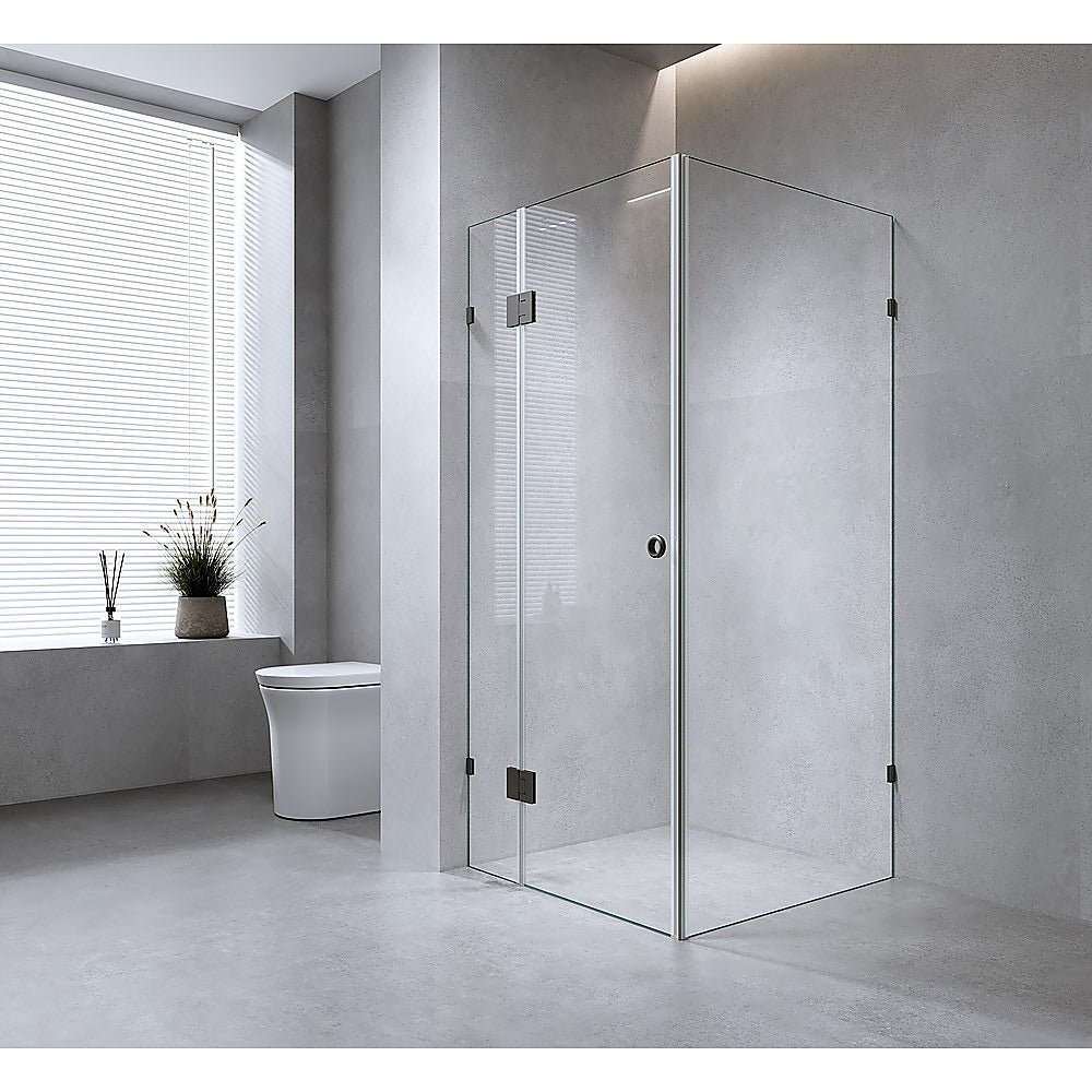 120x120cm Corner Frameless Shower Screen with Gold Brackets and Brass Hinges, Round Handle