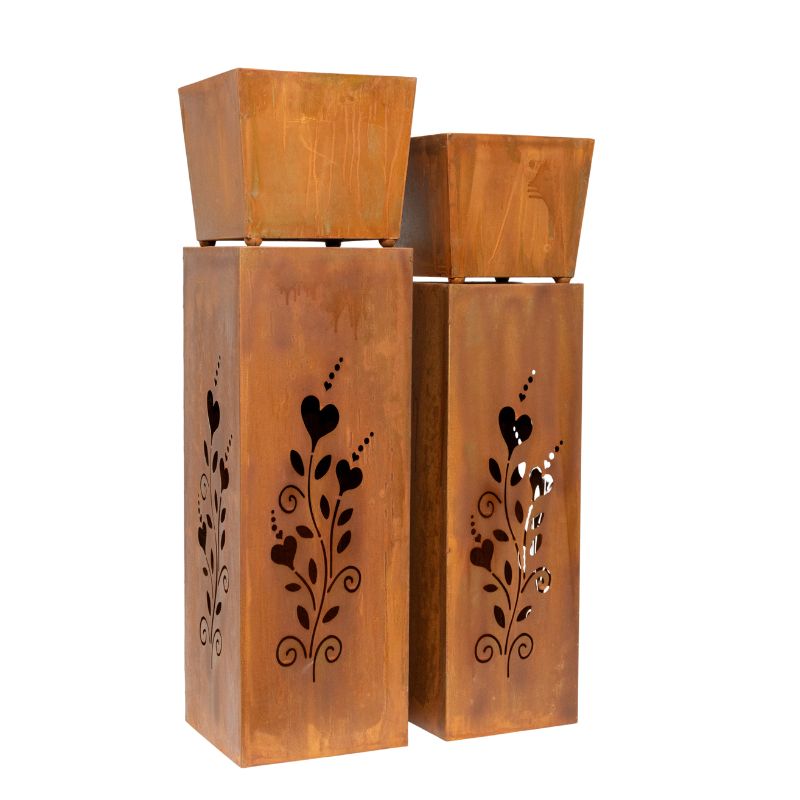 Set 2 Nested Square Pillar Rust 'Hearts' Panters 93cm, 86cm