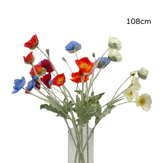 bulk 15 Artificial Poppy Flower Stem 5 Assorted 108cm