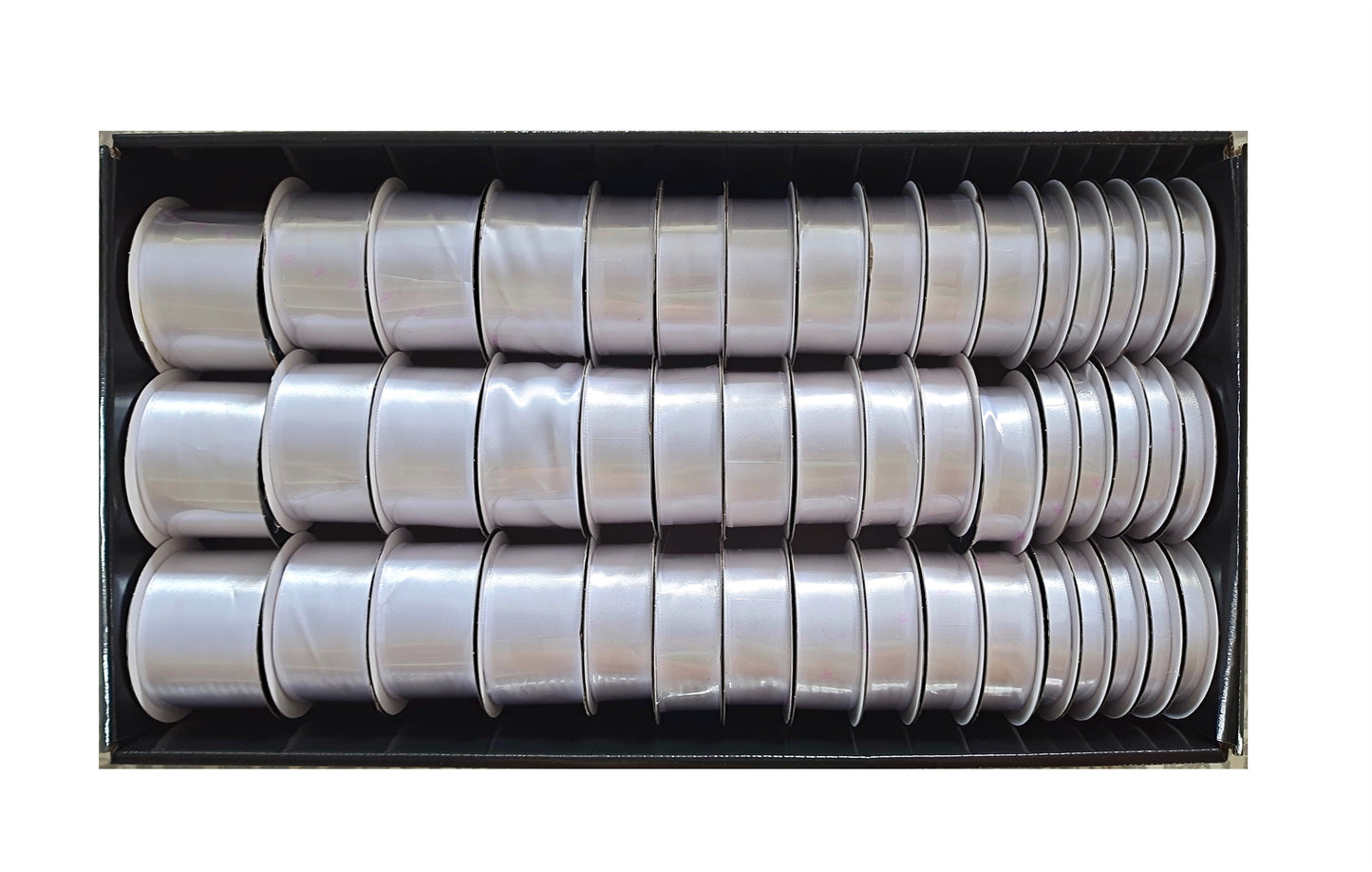 bulk 48 Roll All White Satin Ribbon Variety Sizes Displayed Box