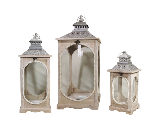 Set 3 Natural Wooden Lantern w Oval Shape 76cm