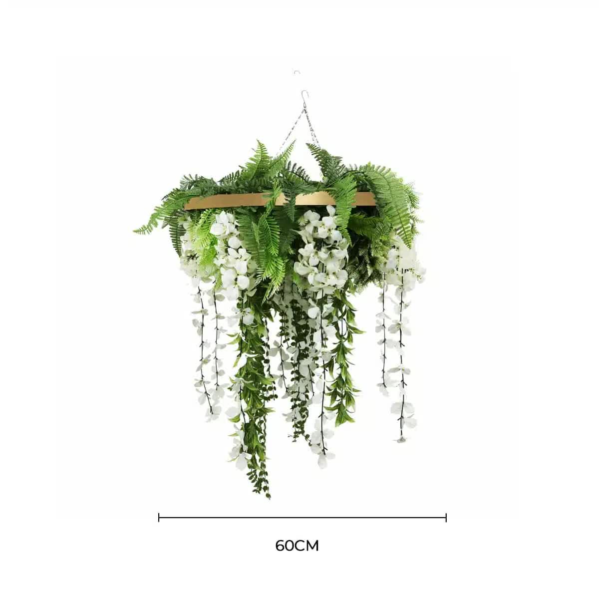 Gold Framed Roof Hanging Disc with Draping Life-Like Wisteria Flowers UV Resistant 60cm