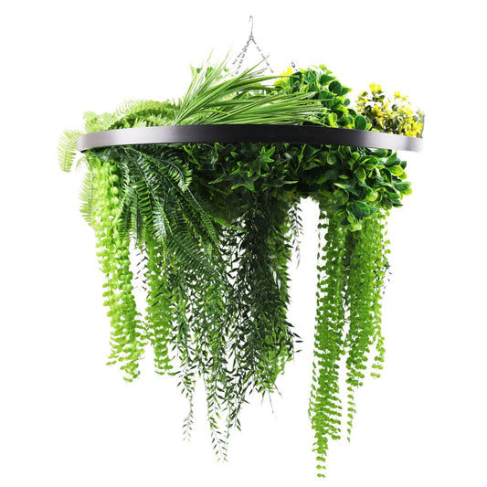 Black Framed Roof Hanging Disc With Draping Life-Like Ferns and Plants 80cm UV Resistant