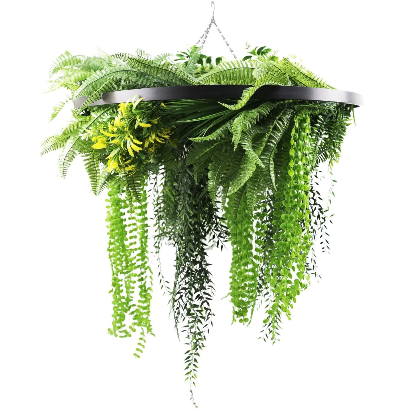 Black Framed Roof Hanging Disc With Draping Life-Like Ferns and Plants 80cm UV Resistant