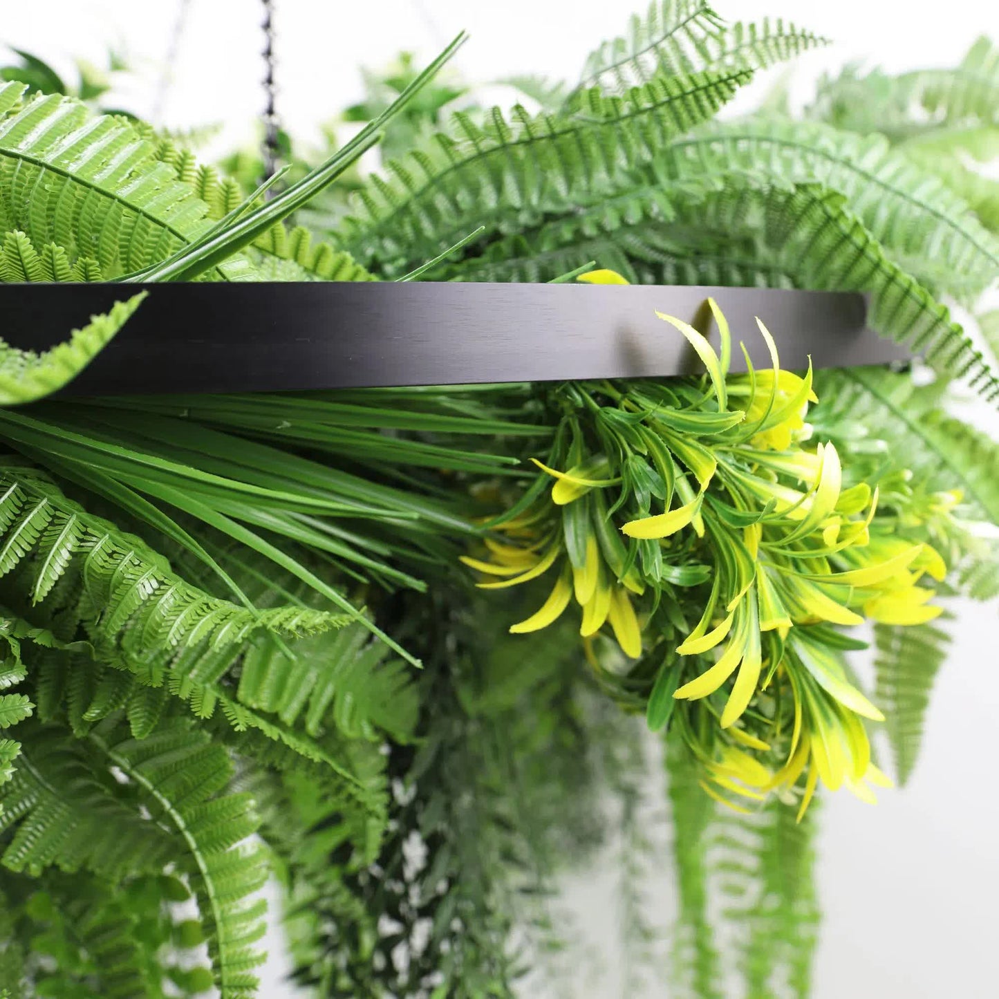 Black Framed Roof Hanging Disc With Draping Life-Like Ferns and Plants 80cm UV Resistant
