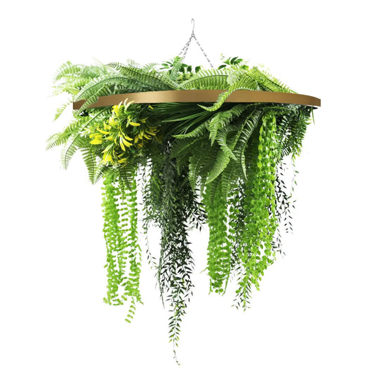 Gold Framed Roof Hanging Disc With Draping Life-Like Ferns and Plants 80cm UV Resistant