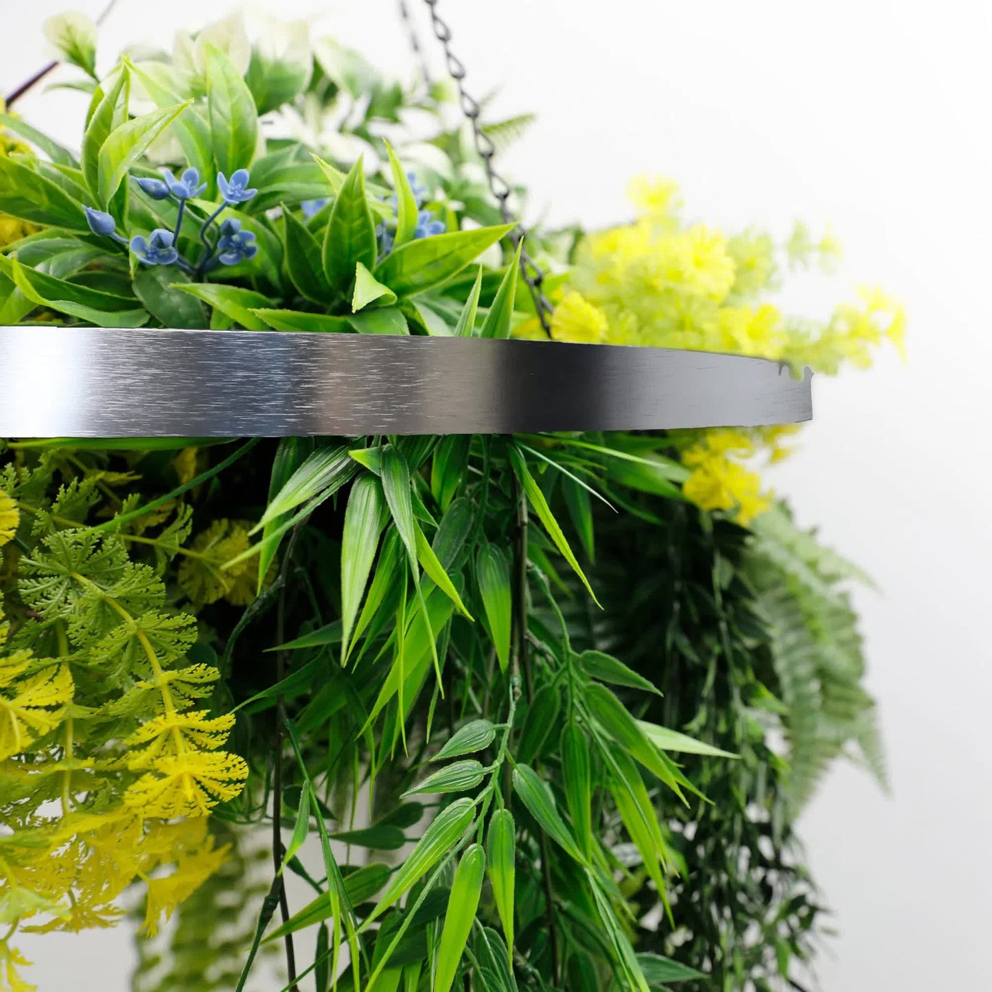 Silver Framed Roof Hanging Disc With Tropical Foliage Mix and Draping Stems 60cm UV Resistant