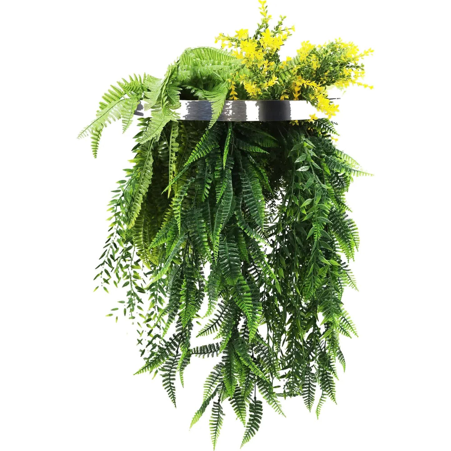 Silver Framed Roof Hanging Disc With Bright Tropical Foliage Mix and Draping Ferns 40cm UV Resistant