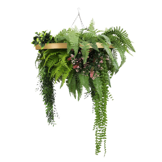 Gold Framed Roof Hanging Disc with Draping Life-Like Plants UV Resistant 60cm