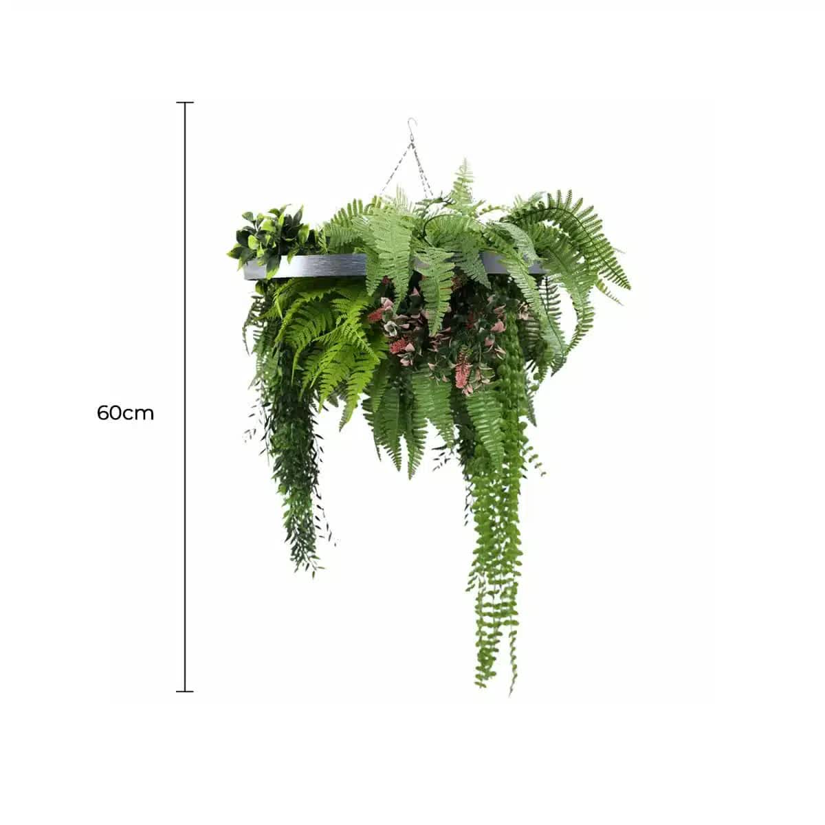 Silver Framed Roof Hanging Disc with Draping Life-Like Plants UV Resistant 60cm