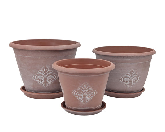 bulk 12 Patterned Plastic Garden Pot & Saucer Large Size 34x25cm