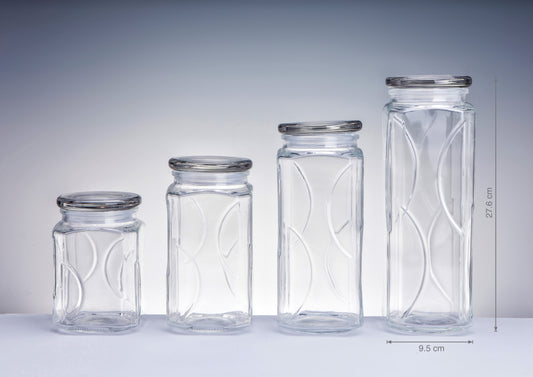 bulk 12 Swirl Embossed Squ Glass Jar w Glass Lid 27cm