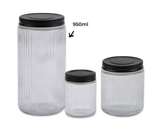 bulk 12 Ribbed Glass Jar With Metal Lid 950ml 9x19cm