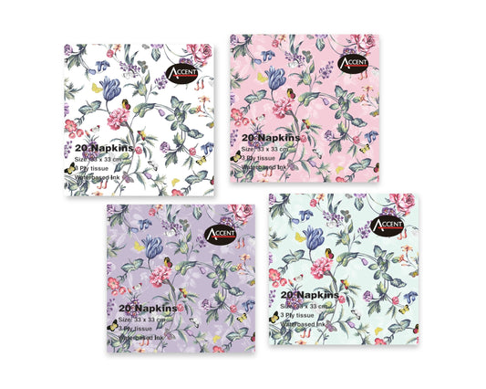 bulk 960 Jardin Floral Napkins Pk20 2Ply 4 Assort 33cm