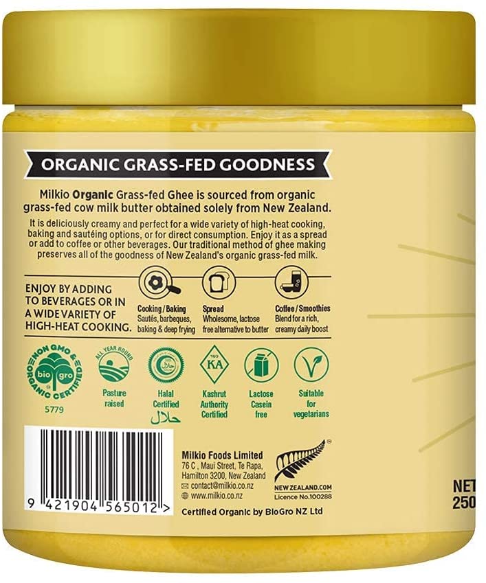 250ml Ghee Butter Organic Grass Fed, Organic Butter Ghee, 250g 100% Organic Grass Fed Ghee USDA MILKIO 250 ML