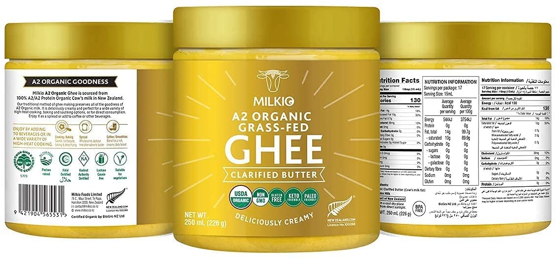 6 x 250ml A2 Ghee, , 250g Pure Ghee Organic Grass Fed, A2 Organic Grass Fed Ghee USDA MILKIO 250 ML x 6