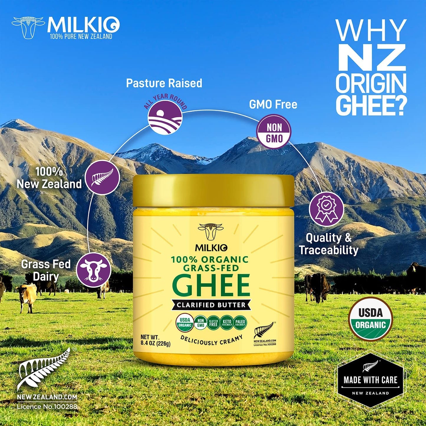 6 x 250ml Ghee Butter Organic Grass Fed, 100% Organic Grass Fed Ghee USDA MILKIO 250 ML x 6