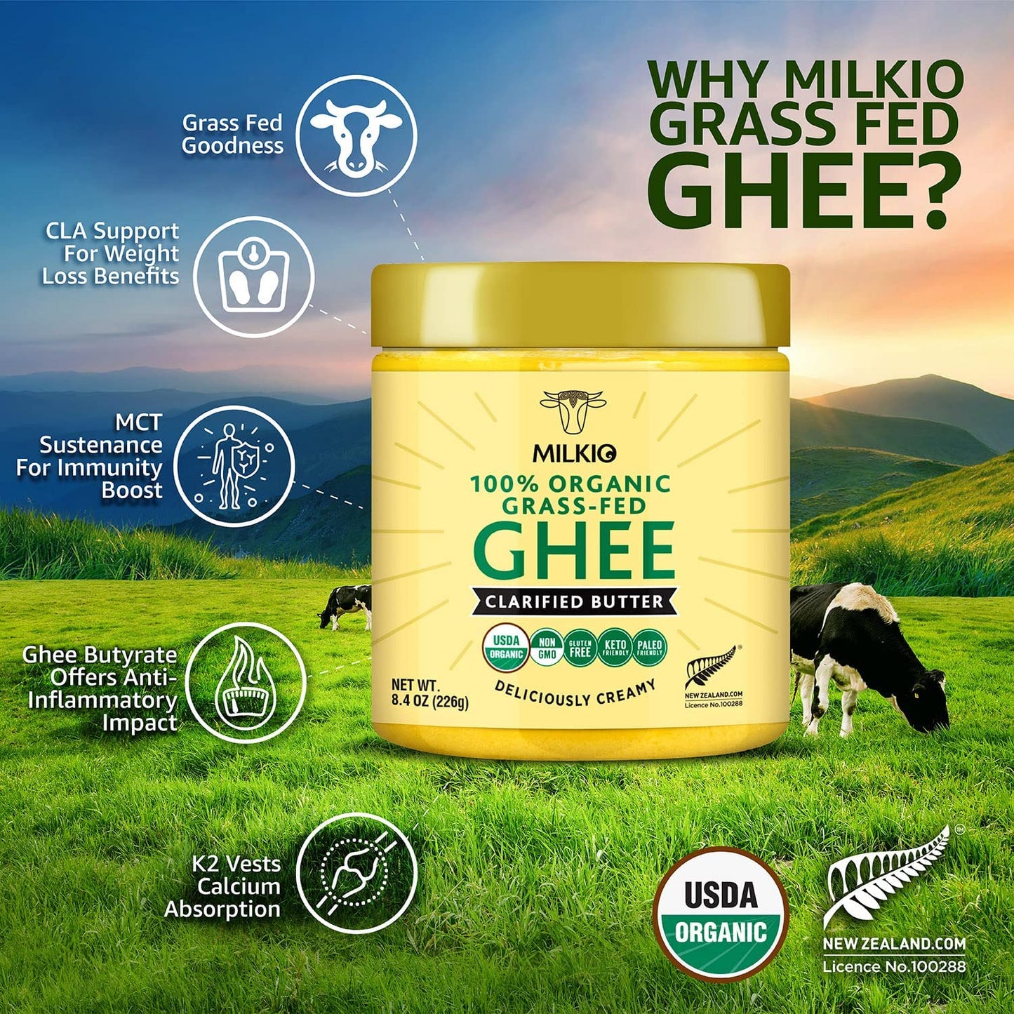 6 x 250ml Ghee Butter Organic Grass Fed, 100% Organic Grass Fed Ghee USDA MILKIO 250 ML x 6