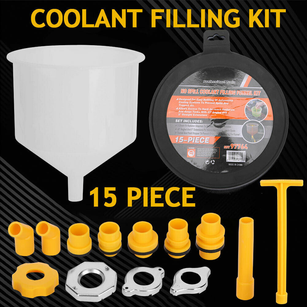 15PCS Car Radiator Coolant Filling Funnel Kit Spill Proof Cooling