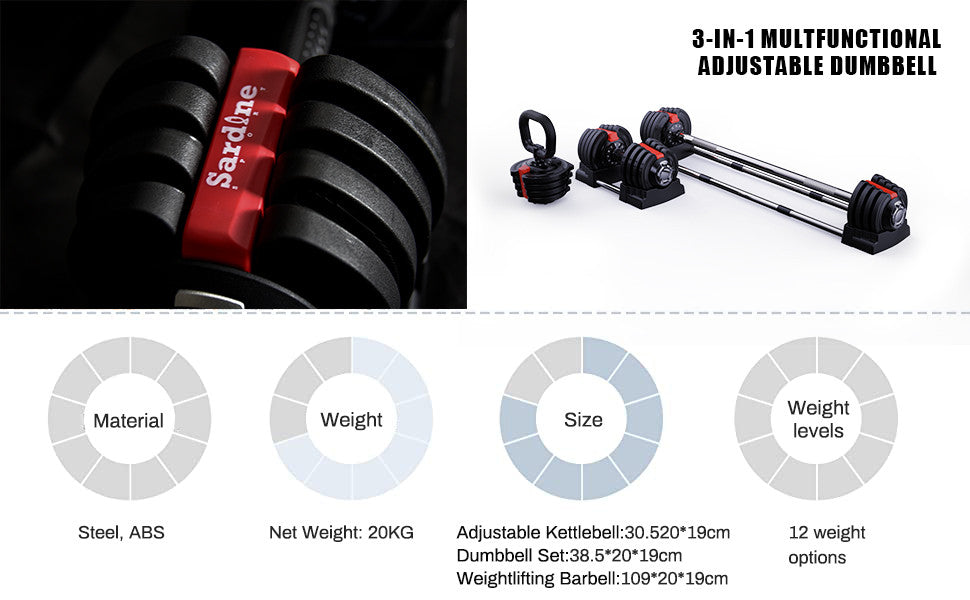 Sardine Sport 3-In-1 Multi-Functional Adjustable Dumbbell With Twist-Lock, All-In-One With Dumbbell-Barbell-Kettlebell, 1.5KG To 18KG, 3LB To 40LB - Pair
