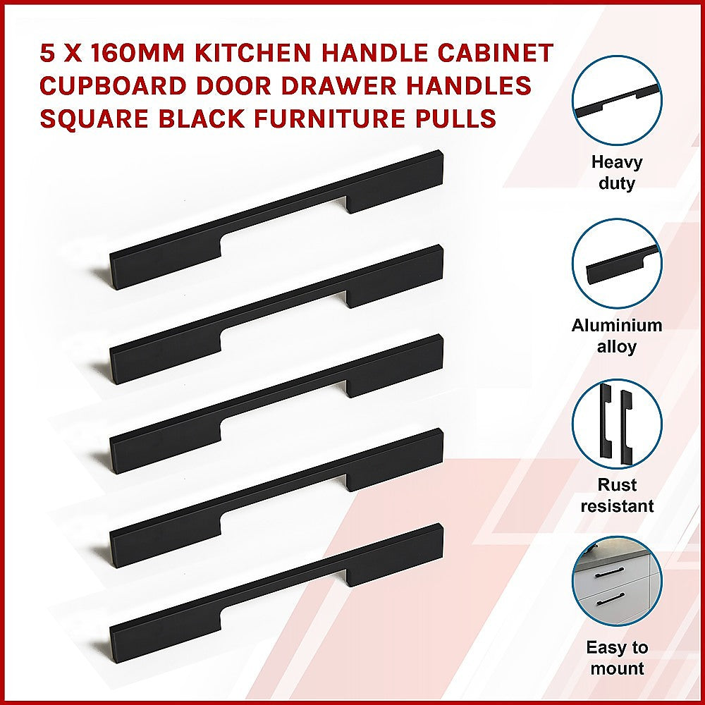 5 x 160mm Kitchen Handle Cabinet Cupboard Door Drawer Handles square Black furniture pulls