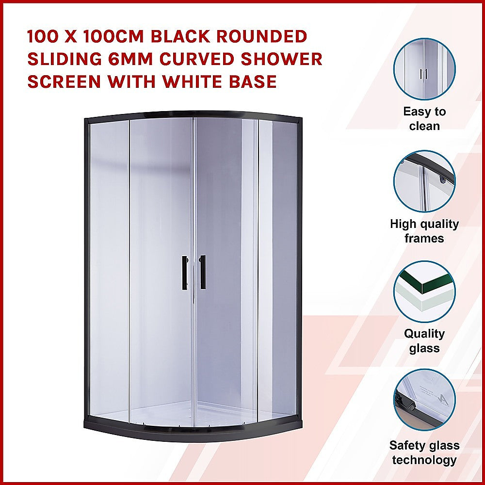 100 x 100cm Chrome Rounded Sliding 6mm Curved Shower Screen with Black Base