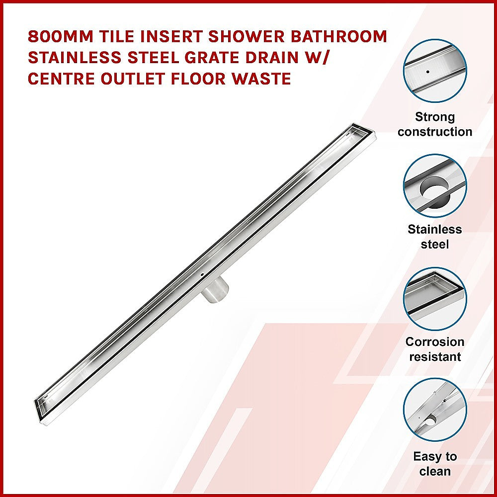 800mm Tile Insert Shower Bathroom Stainless Steel Grate Drain w/Centre outlet Floor Waste