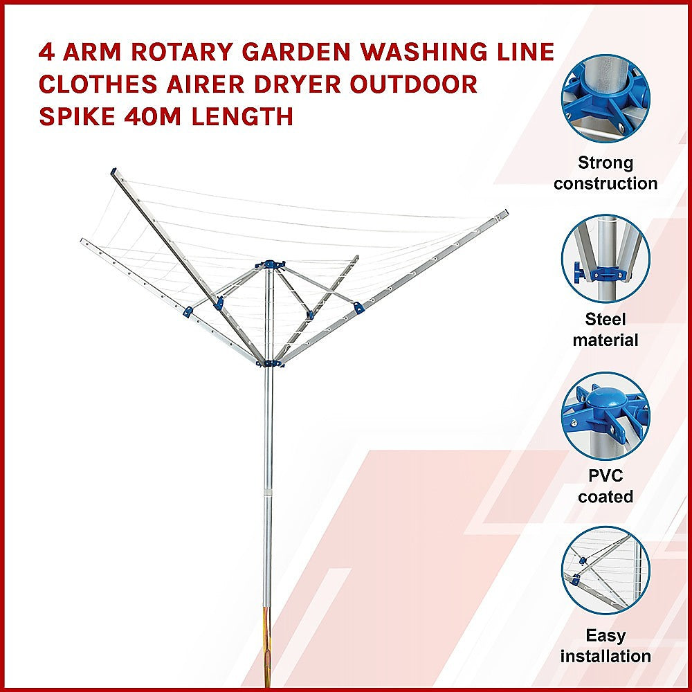 4 Arm Rotary Garden Washing Line Clothes Airer Dryer Outdoor Spike 40m Length