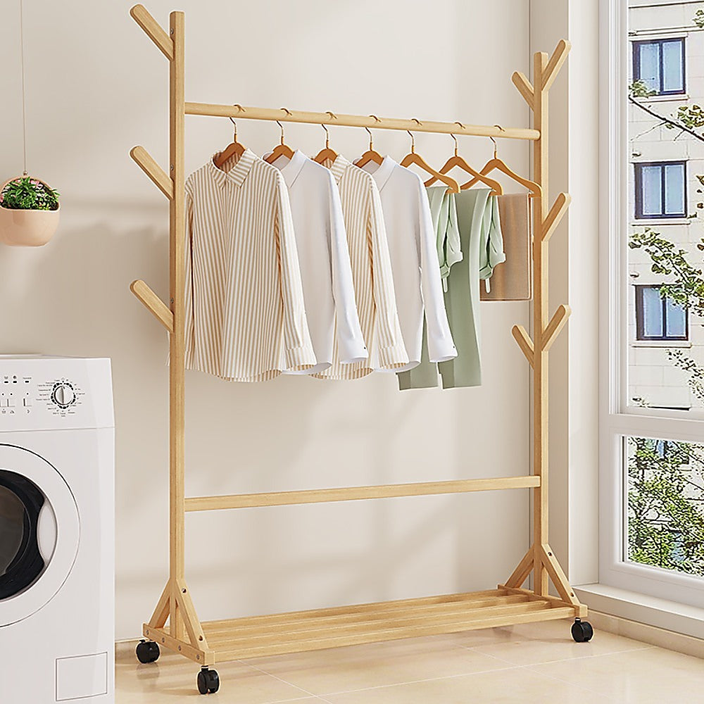 Portable Clothes Rack Coat Garment Stand Bamboo Rail Hanger Airer Clos halalpantry